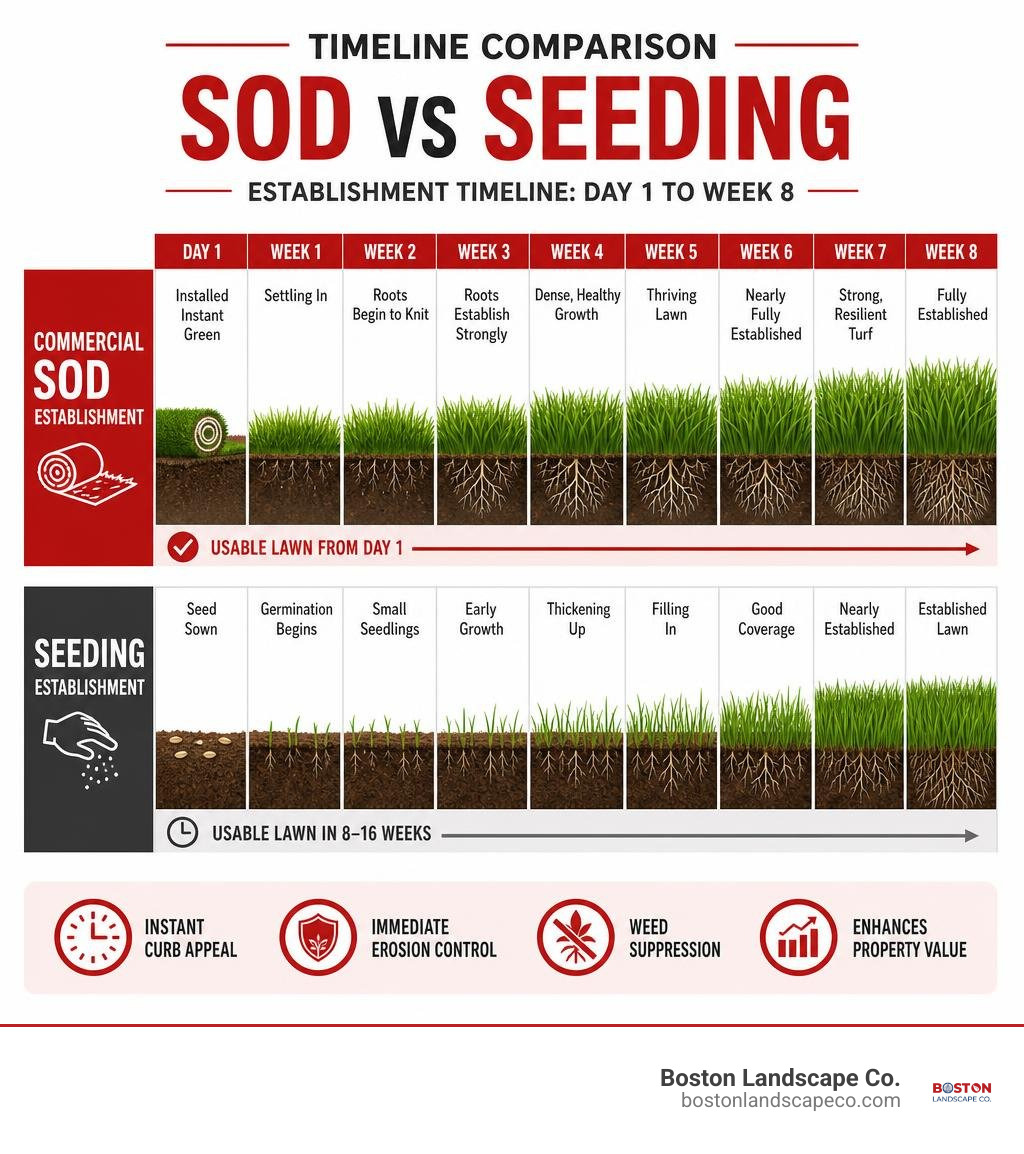 Timeline infographic comparing commercial sod establishment vs seeding from day 1 to week 8 infographic