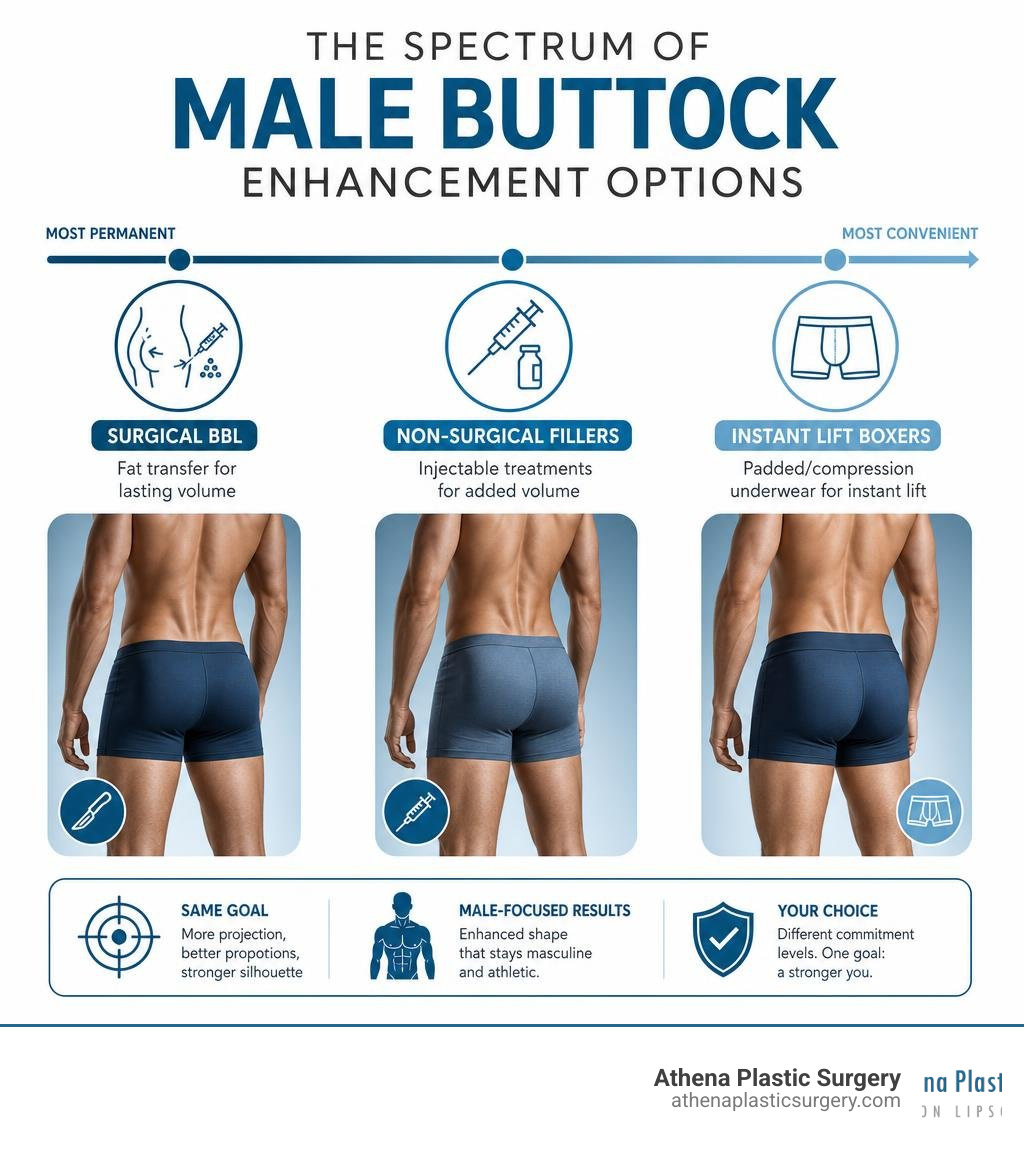 Spectrum of male buttock enhancement options from surgical BBL to non-surgical fillers to instant lift boxers infographic Spectrum of male buttock enhancement options from surgical BBL to non-surgical fillers to instant lift boxers infographic