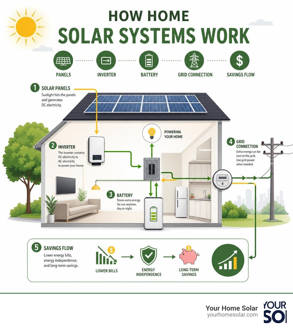 How home solar systems work: panels, inverter, battery, grid connection, and savings flow infographic How home solar systems work: panels, inverter, battery, grid connection, and savings flow infographic