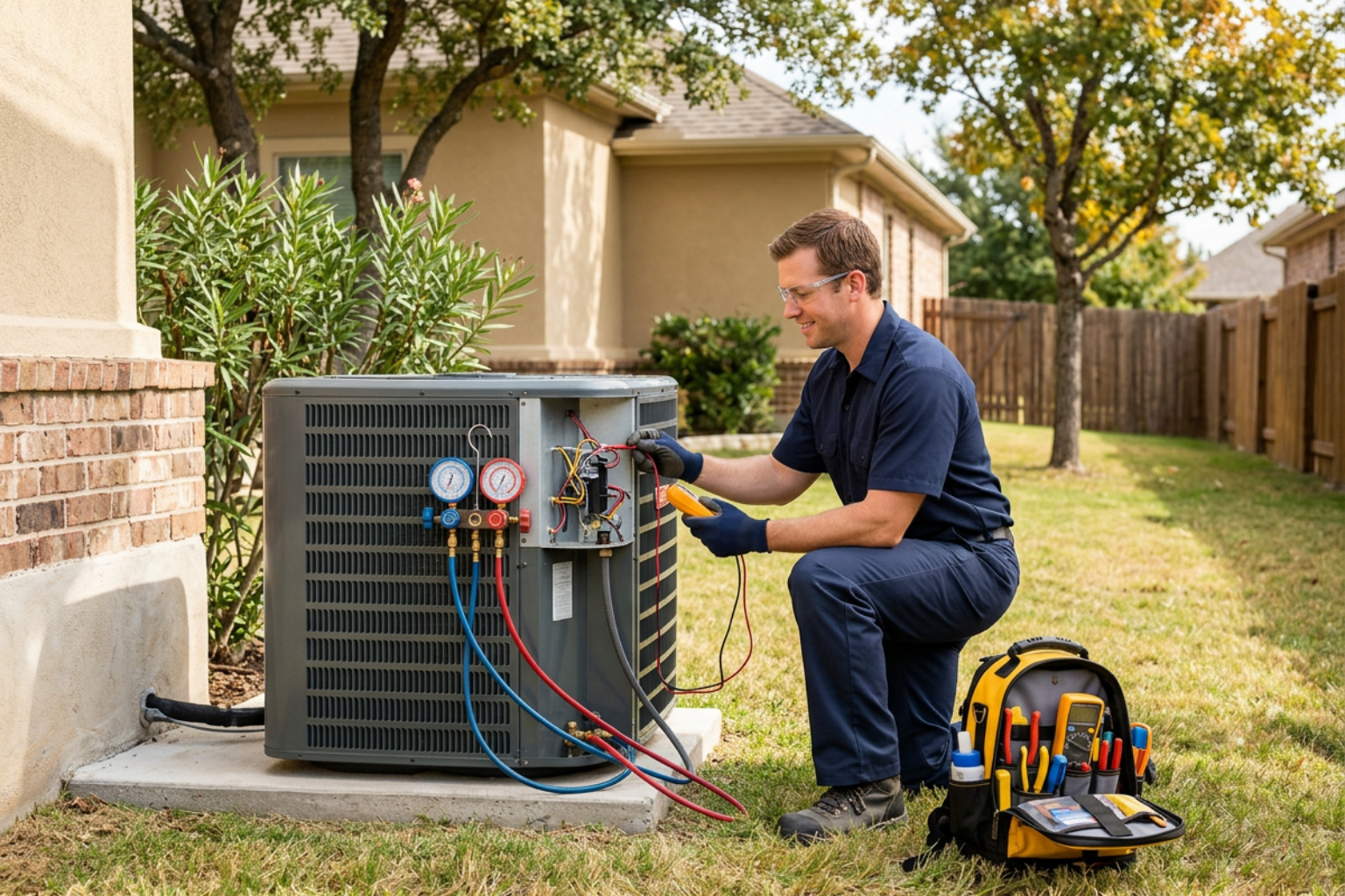HVAC technician performing a multi-point seasonal tune-up on an outdoor unit