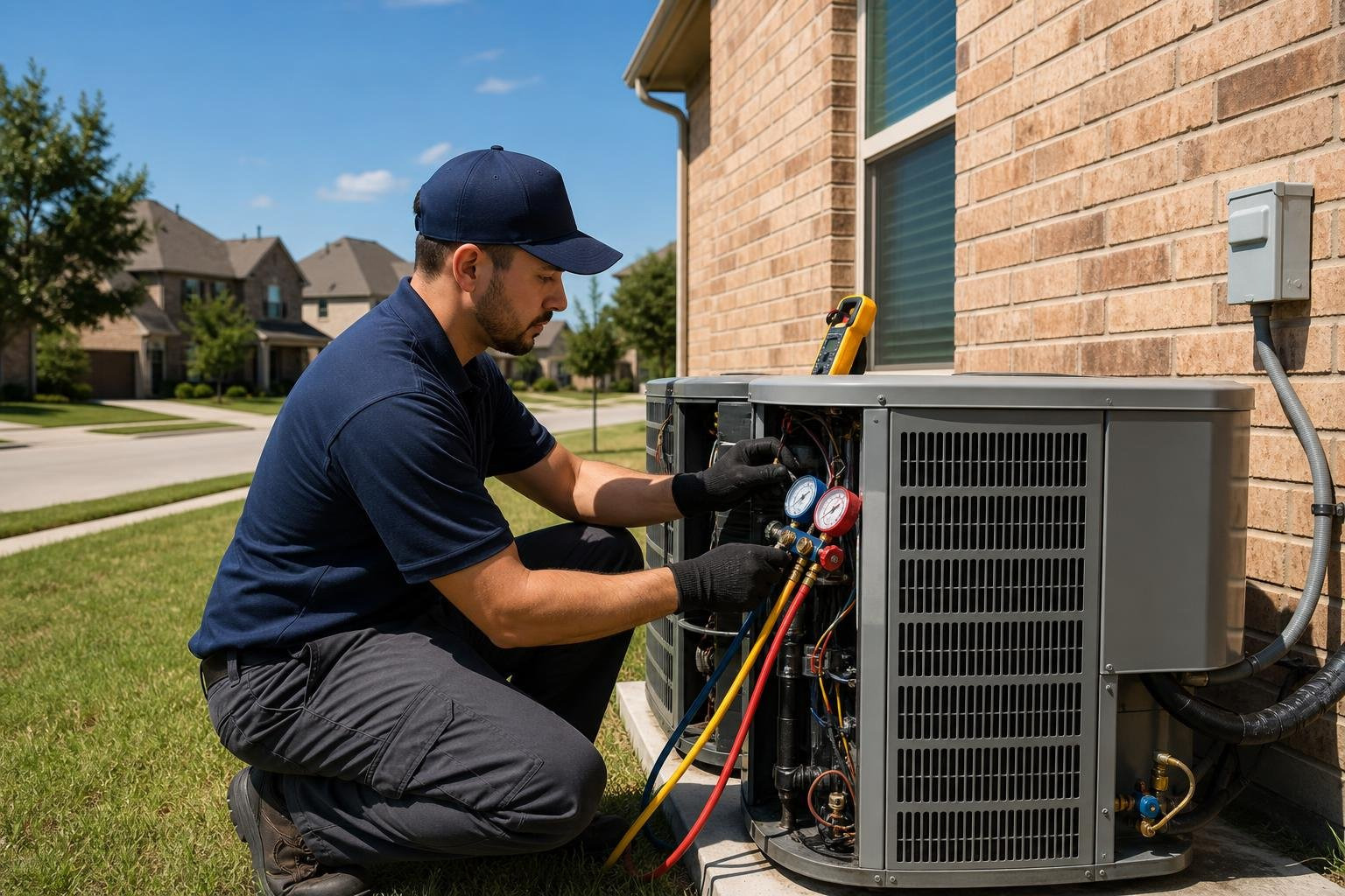 HVAC technician performing routine AC maintenance in San Marcos, TX HVAC technician performing routine AC maintenance in San Marcos, TX
