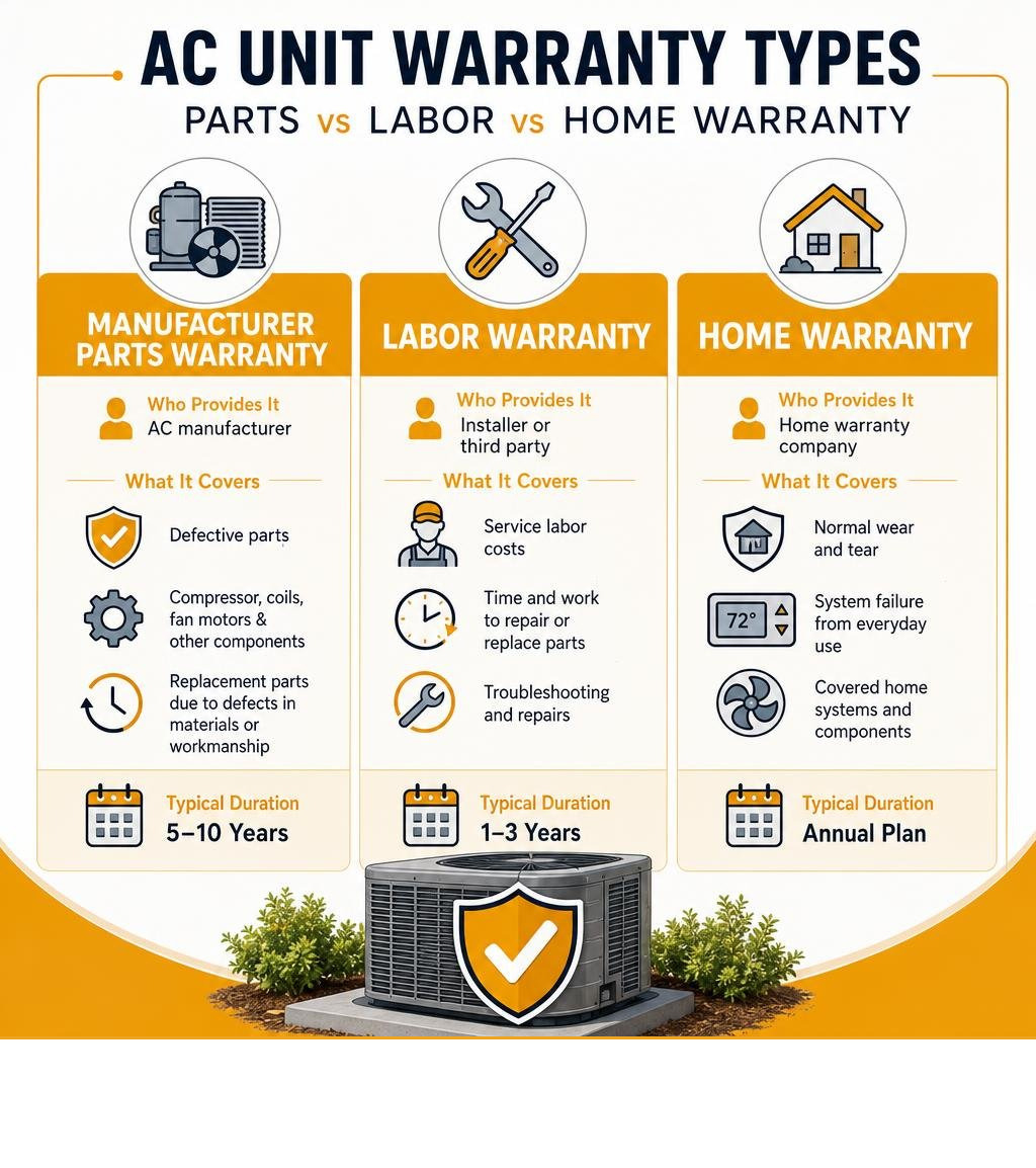 AC unit warranty types infographic parts vs labor vs home warranty coverage comparison infographic AC unit warranty types infographic parts vs labor vs home warranty coverage comparison infographic