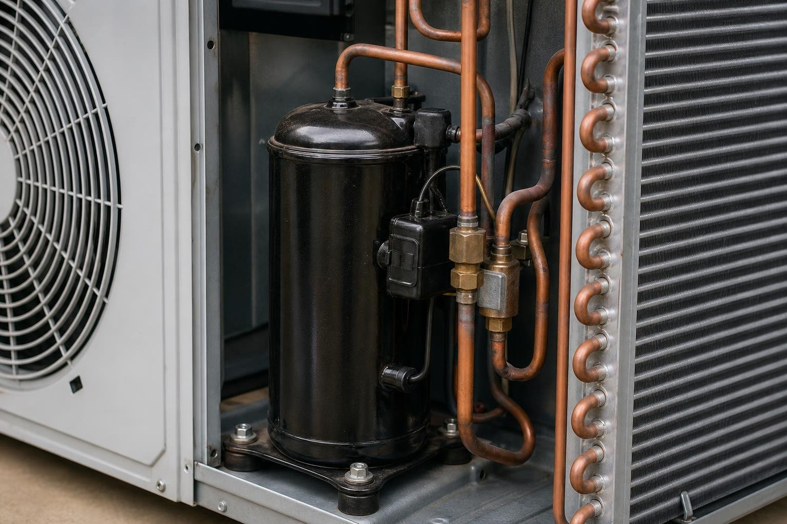 AC compressor and coils inside a modern outdoor unit AC compressor and coils inside a modern outdoor unit