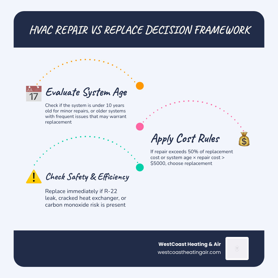 HVAC repair vs replace decision matrix infographic showing age thresholds, cost rules, and replacement triggers infographic HVAC repair vs replace decision matrix infographic showing age thresholds, cost rules, and replacement triggers infographic