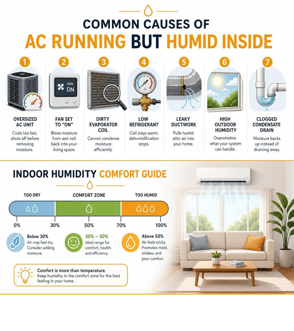 Common causes of AC running but humid inside and indoor humidity comfort guide infographic Common causes of AC running but humid inside and indoor humidity comfort guide infographic