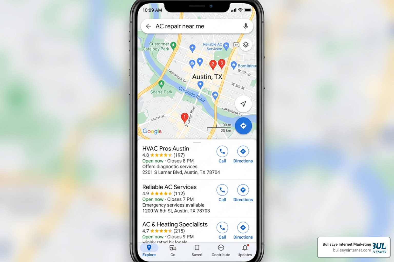 Google Map Pack listing showing HVAC companies with high review ratings Smartphone displaying Google Maps search results for "AC repair near me" in Austin, Texas, showcasing