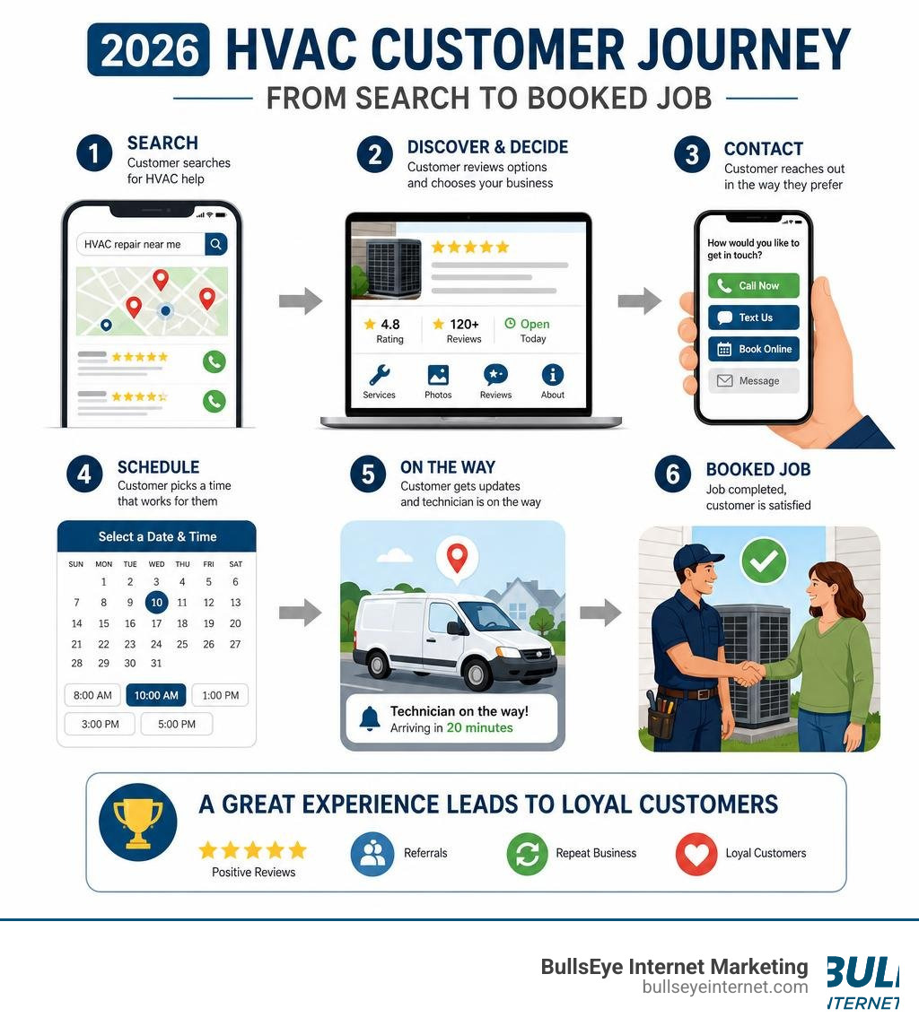 2026 HVAC customer journey from search to booked job infographic infographic 2026 HVAC customer journey infographic from search to booked job, illustrating customer reviews and technician
