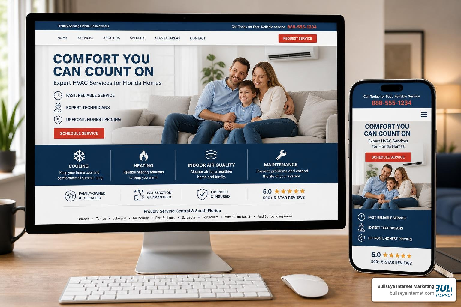 High-converting responsive HVAC website layout on desktop and mobile HVAC company website design with mobile view, showcasing comfort and expert services for Florida homes.