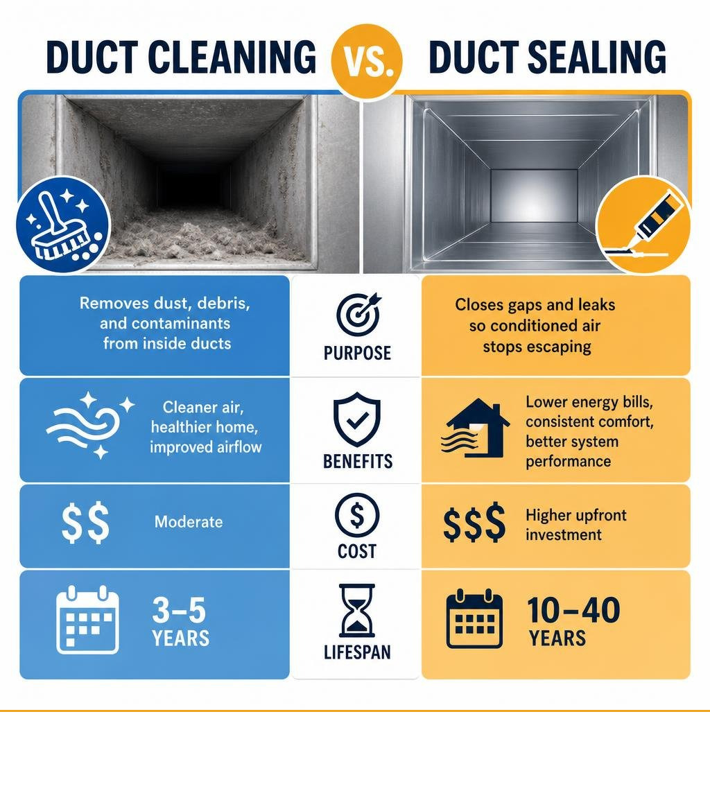duct cleaning vs duct sealing comparison infographic showing purpose, benefits, cost, and lifespan side by side duct cleaning vs duct sealing comparison infographic showing purpose, benefits, cost, and lifespan side by side