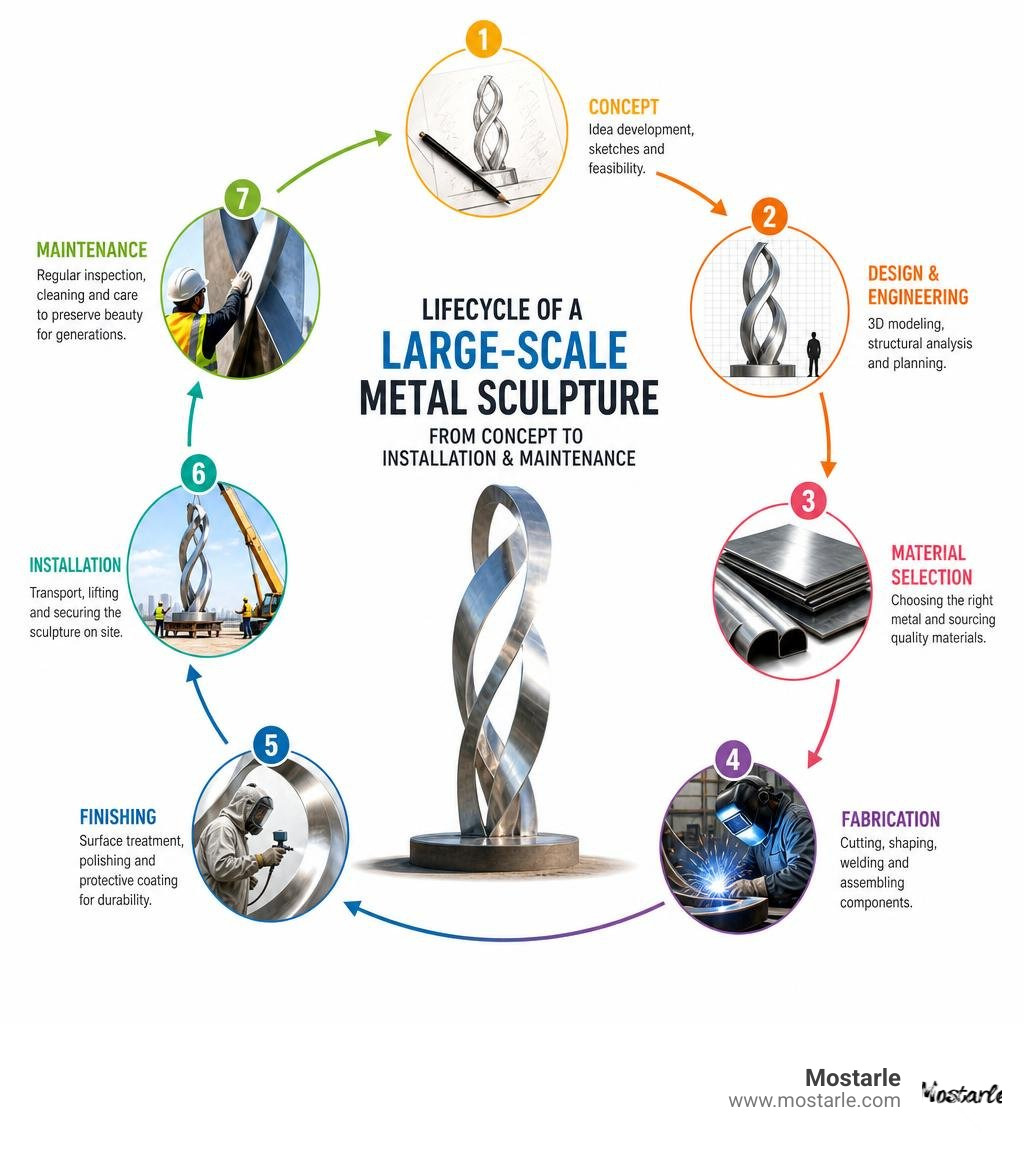 Lifecycle of a large-scale metal sculpture from concept to installation and maintenance infographic