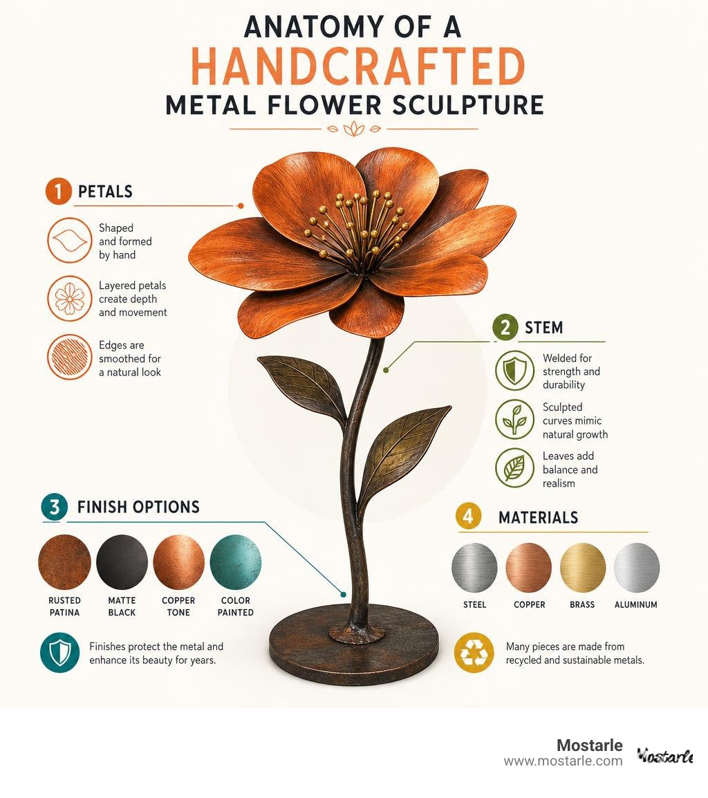Anatomy of a handcrafted metal flower sculpture showing petals, stem, finish types, and materials infographic Anatomy of a handcrafted metal flower sculpture showing petals, stem, finish types, and materials infographic