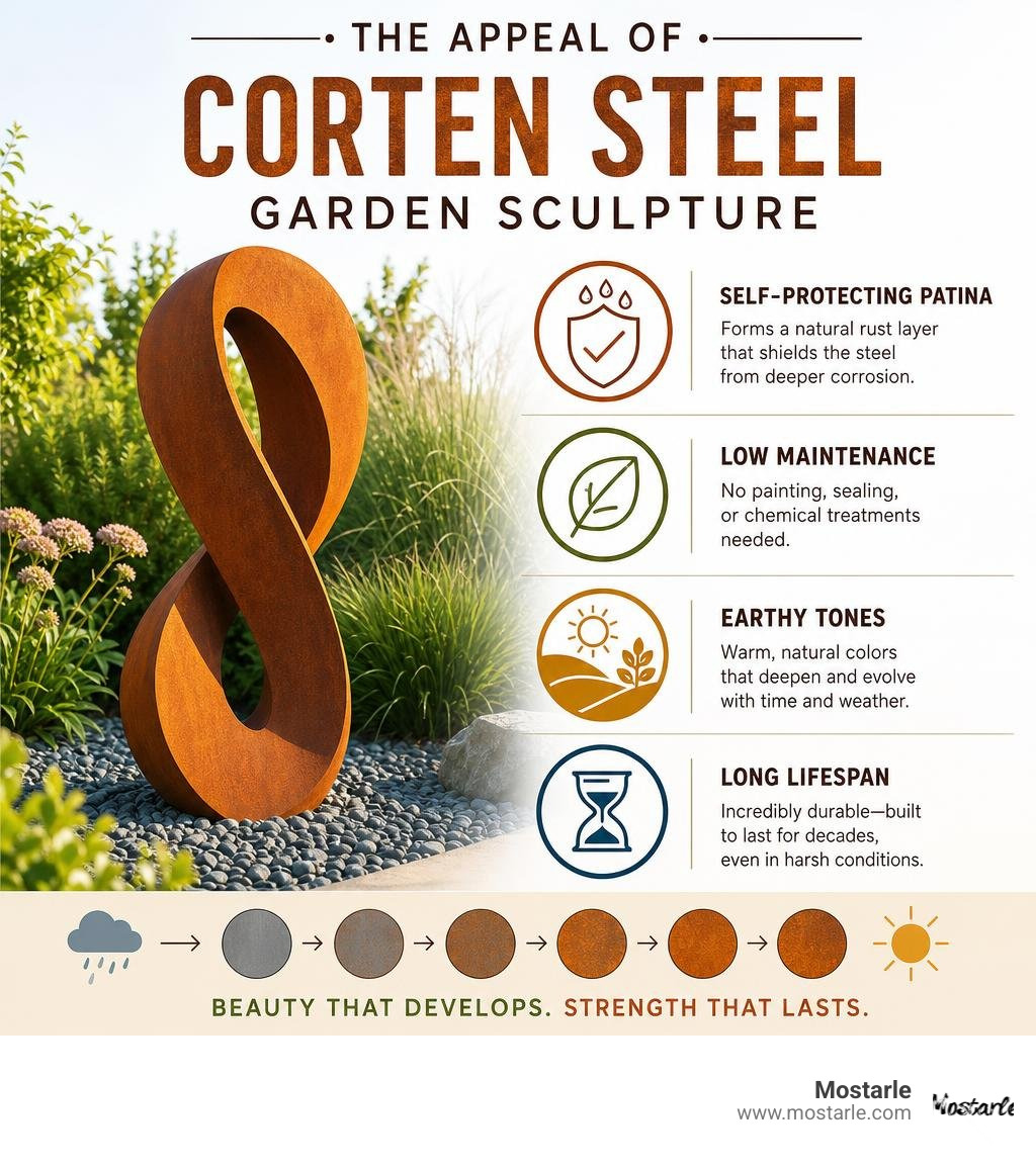 Infographic showing the appeal of corten steel garden sculpture: self-protecting patina, low maintenance, earthy tones, long