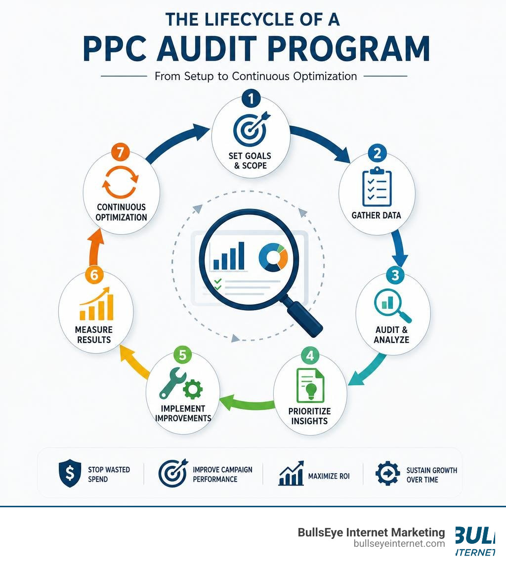 Infographic showing the lifecycle of a PPC audit program from setup to continuous optimization infographic Infographic showing the lifecycle of a PPC audit program from setup to continuous optimization infographic