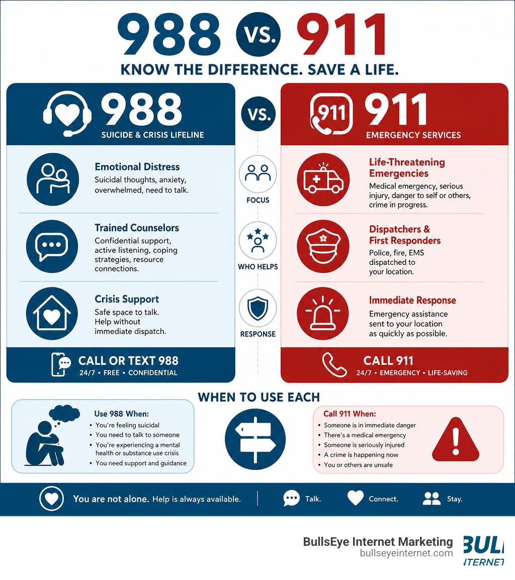 Infographic comparing 988 vs 911 for mental health emergencies with key differences and when to use each infographic Infographic comparing 988 vs 911 for mental health emergencies with key differences and when to use each infographic