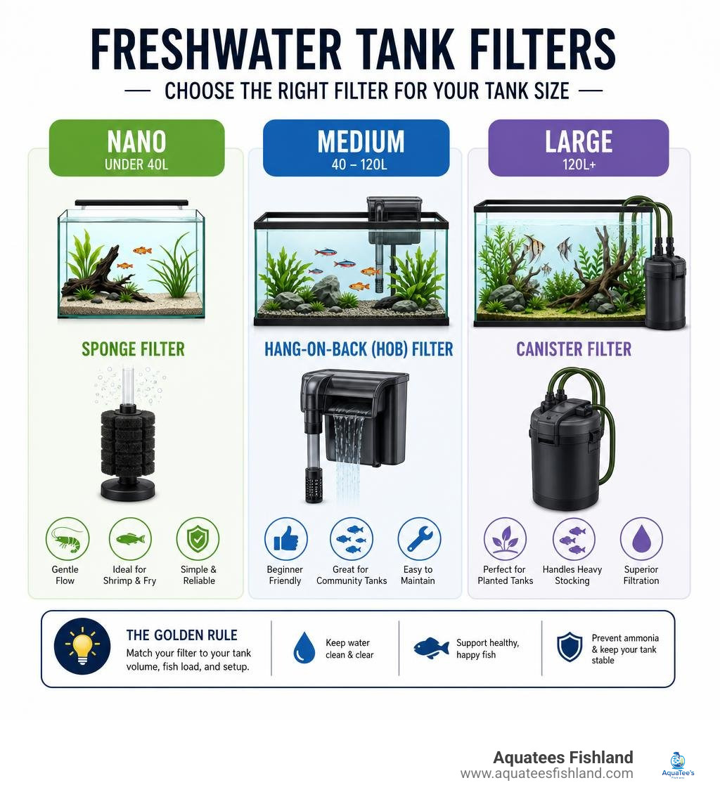 Infographic comparing freshwater tank filter types by tank volume: Nano under 40L, Medium 40-120L, Large 120L+ infographic