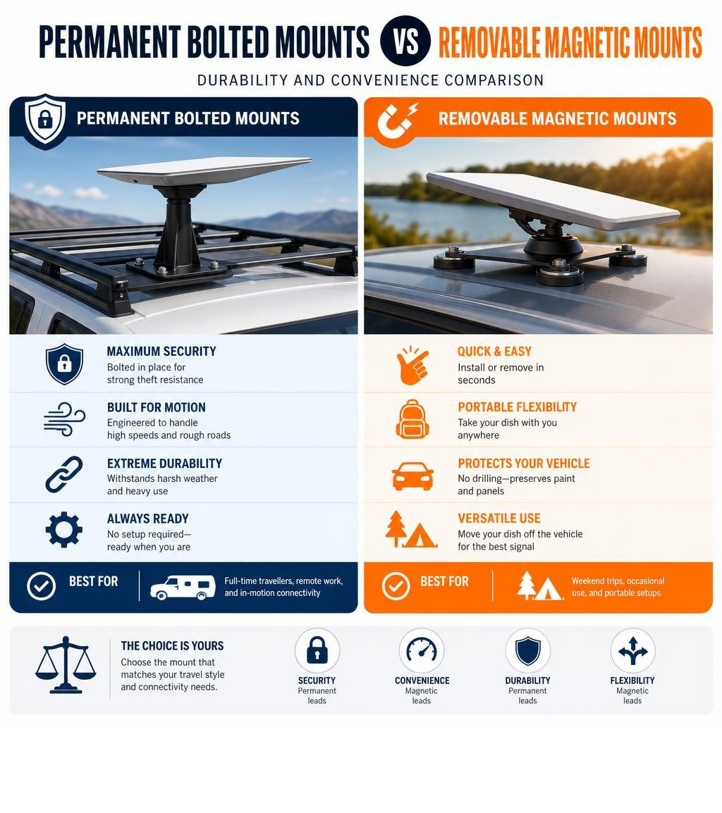 Infographic comparing the durability and convenience of permanent bolted mounts versus removable magnetic vehicle mounts