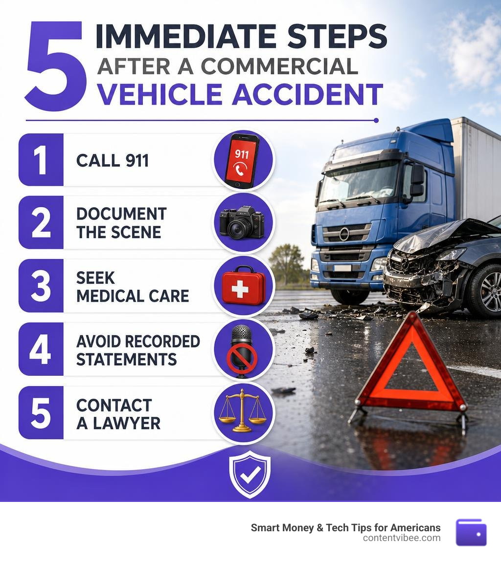 Infographic: 5 immediate steps after a commercial vehicle accident — call 911, document the scene, seek medical care, avoid