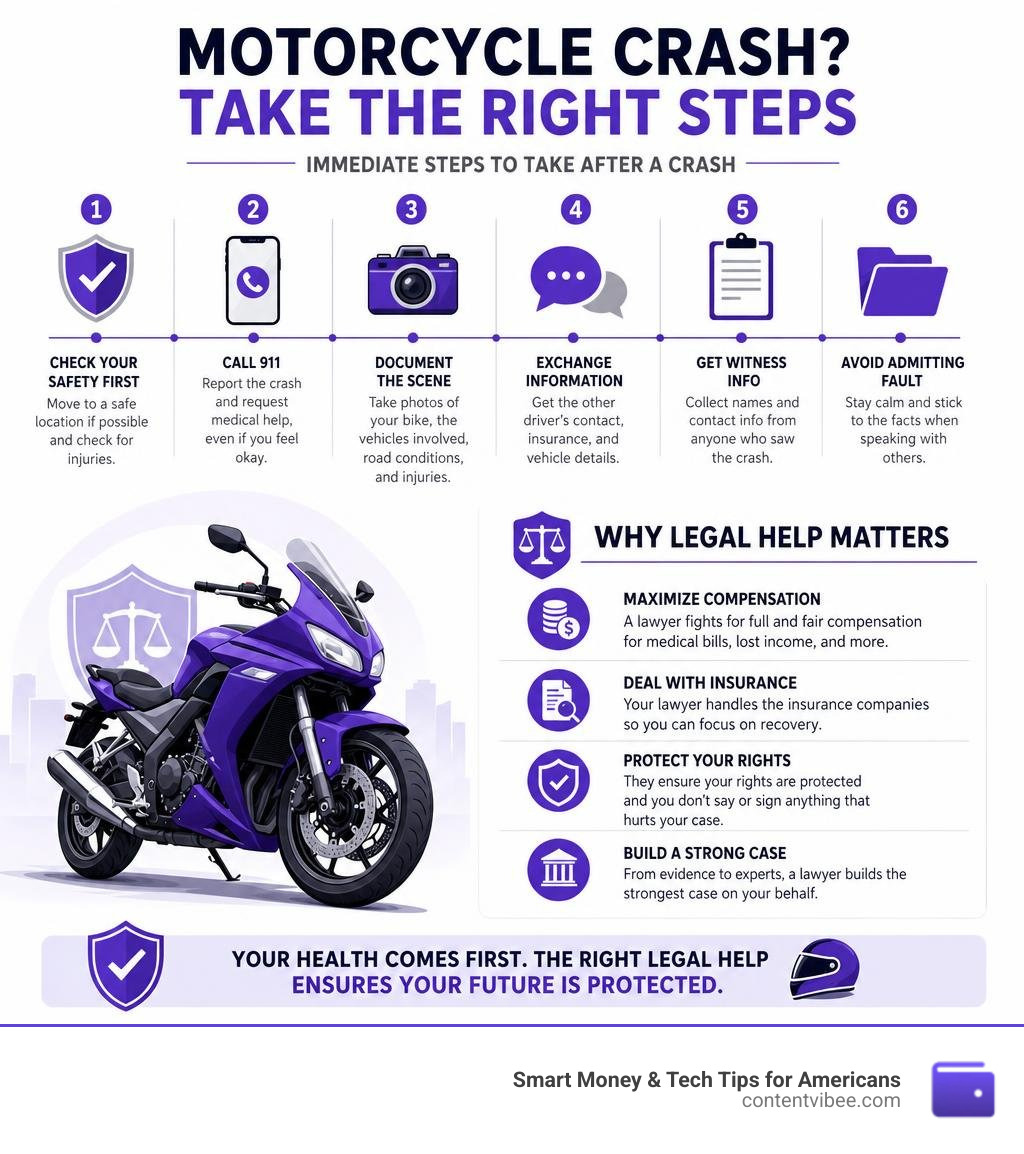 Immediate steps to take after a motorcycle crash and why legal help matters infographic