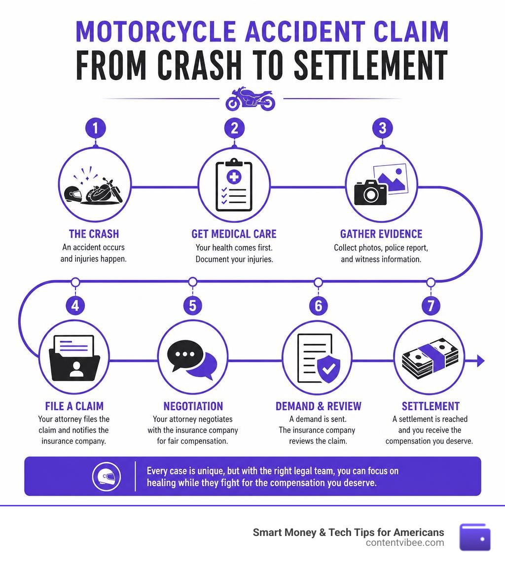 Timeline infographic of a motorcycle accident claim from crash to settlement infographic