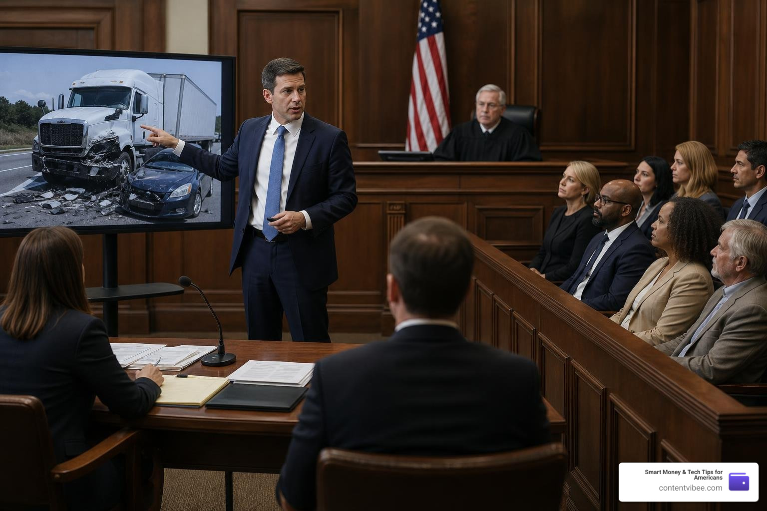 courtroom trial with truck accident lawyer presenting evidence