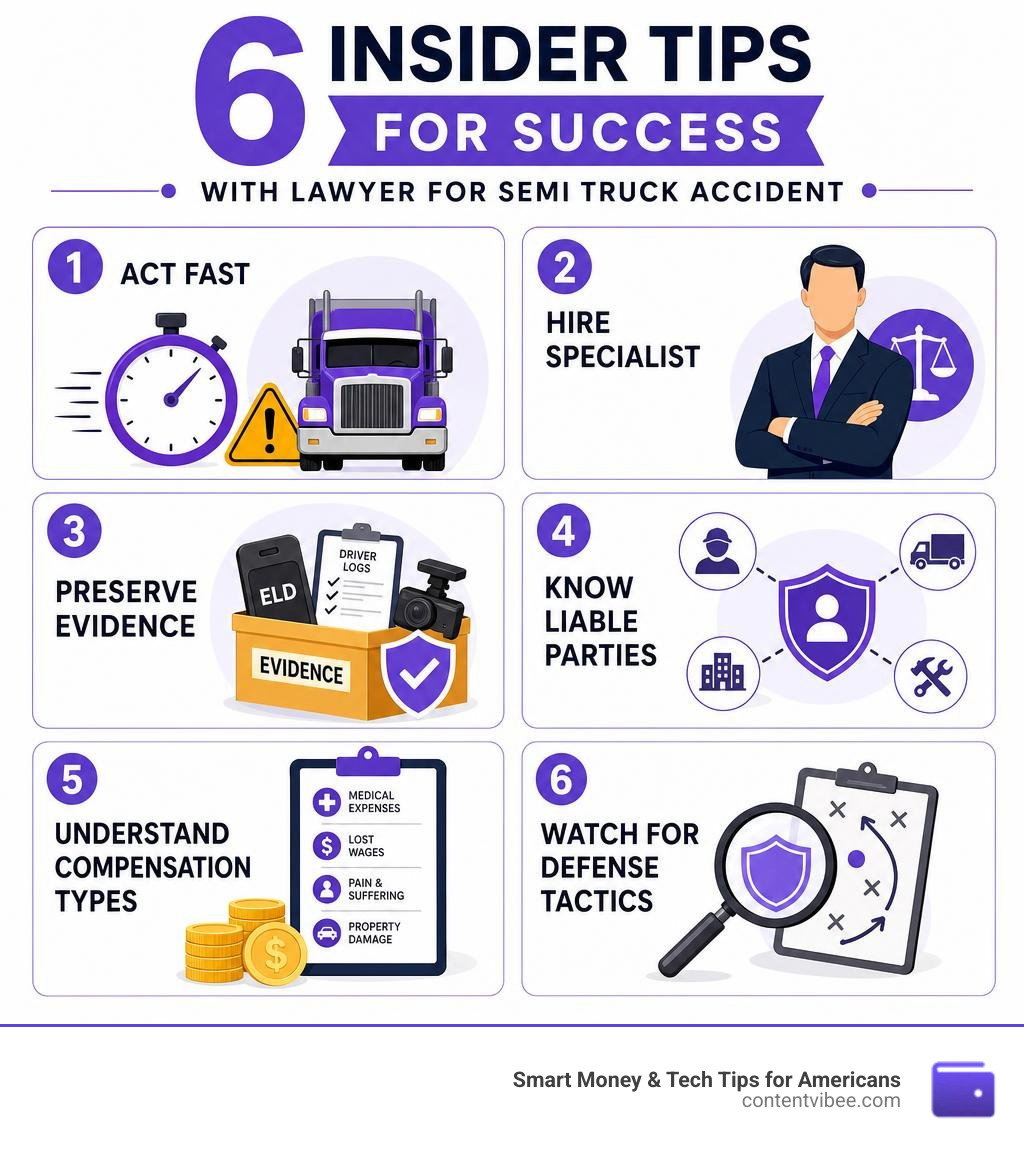 6 insider tips infographic: act fast, hire specialist, preserve evidence, know liable parties, understand compensation