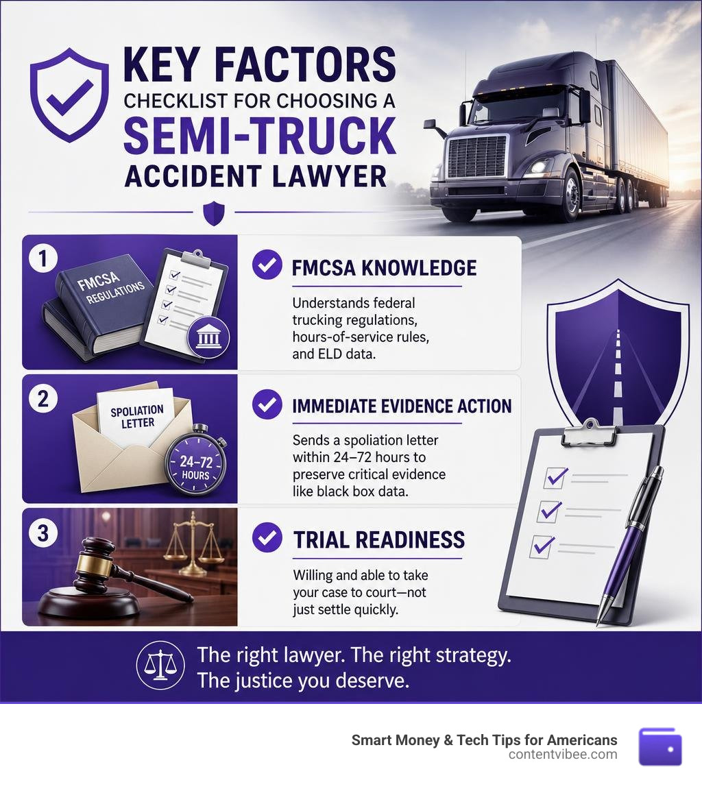 Key factors checklist for choosing a semi-truck accident lawyer including FMCSA knowledge, spoliation letters, trial