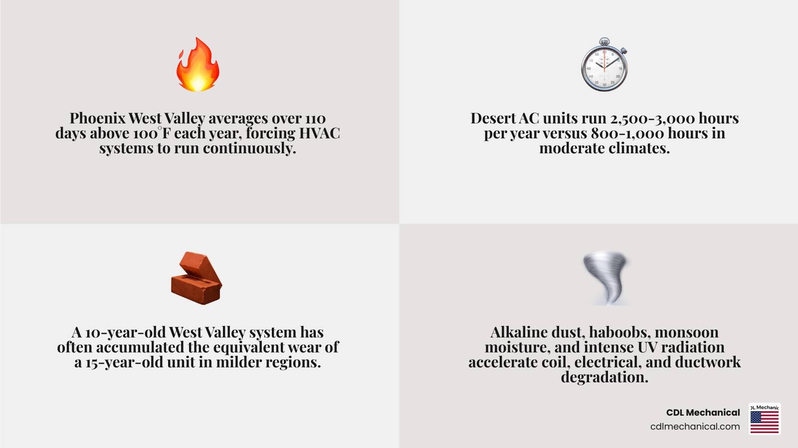 Infographic showing HVAC lifespan comparison between national averages and Phoenix West Valley with desert wear factors