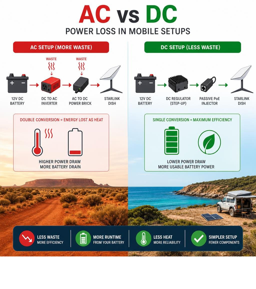 AC vs DC power loss in mobile setups infographic