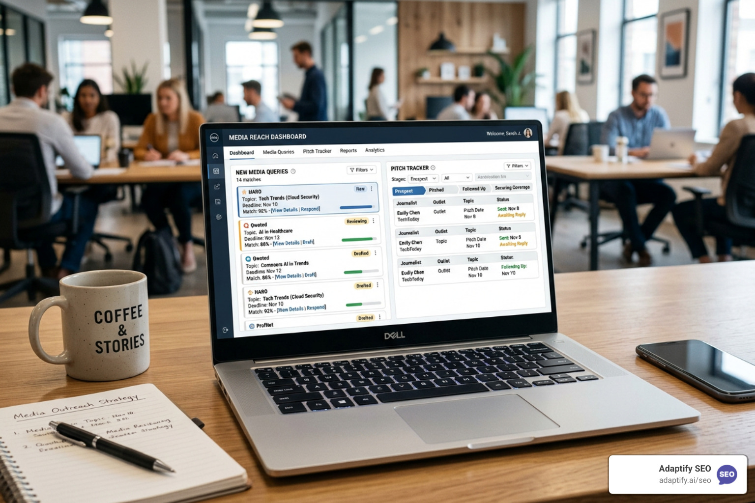 Journalist outreach dashboard showing query matching and pitch tracking