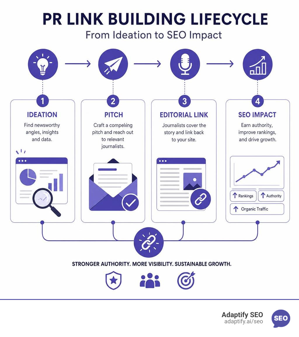 PR link building lifecycle: ideation to pitch to editorial link to SEO impact infographic infographic