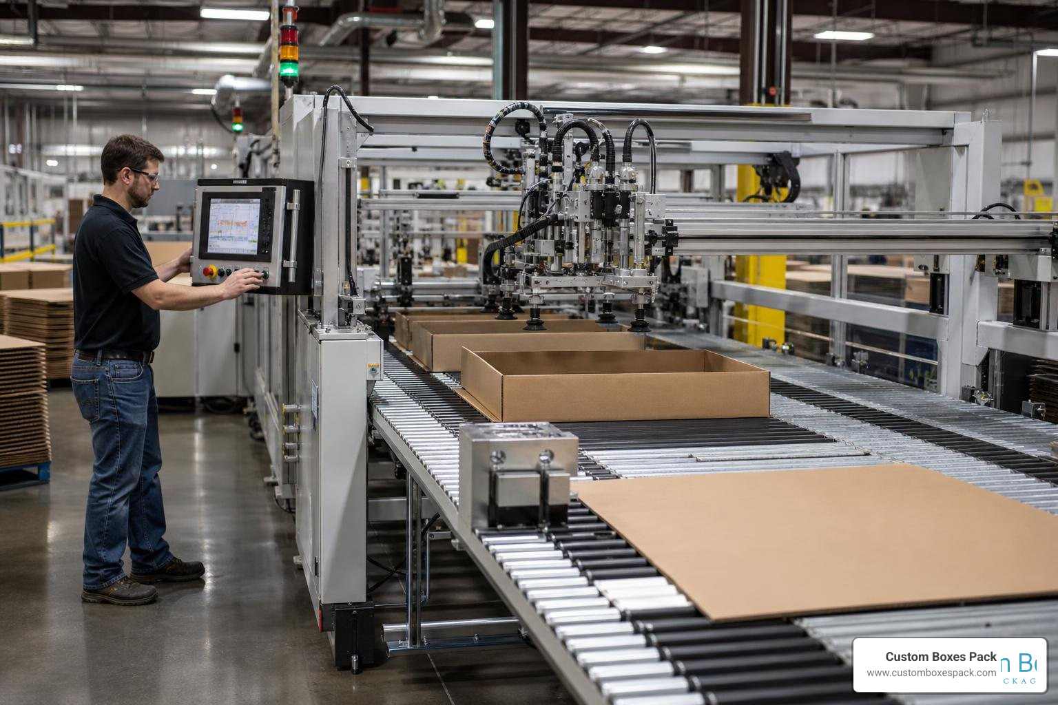 A modern high-speed production line manufacturing custom boxes with precision A modern high-speed production line manufacturing custom boxes with precision