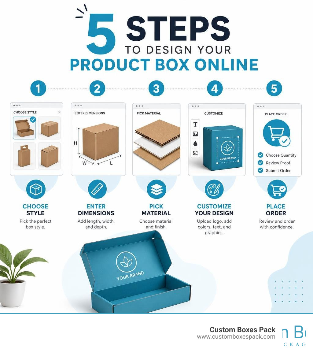 Steps to design a product box online: choose style, enter dimensions, pick material, customize, order infographic Steps to design a product box online: choose style, enter dimensions, pick material, customize, order infographic