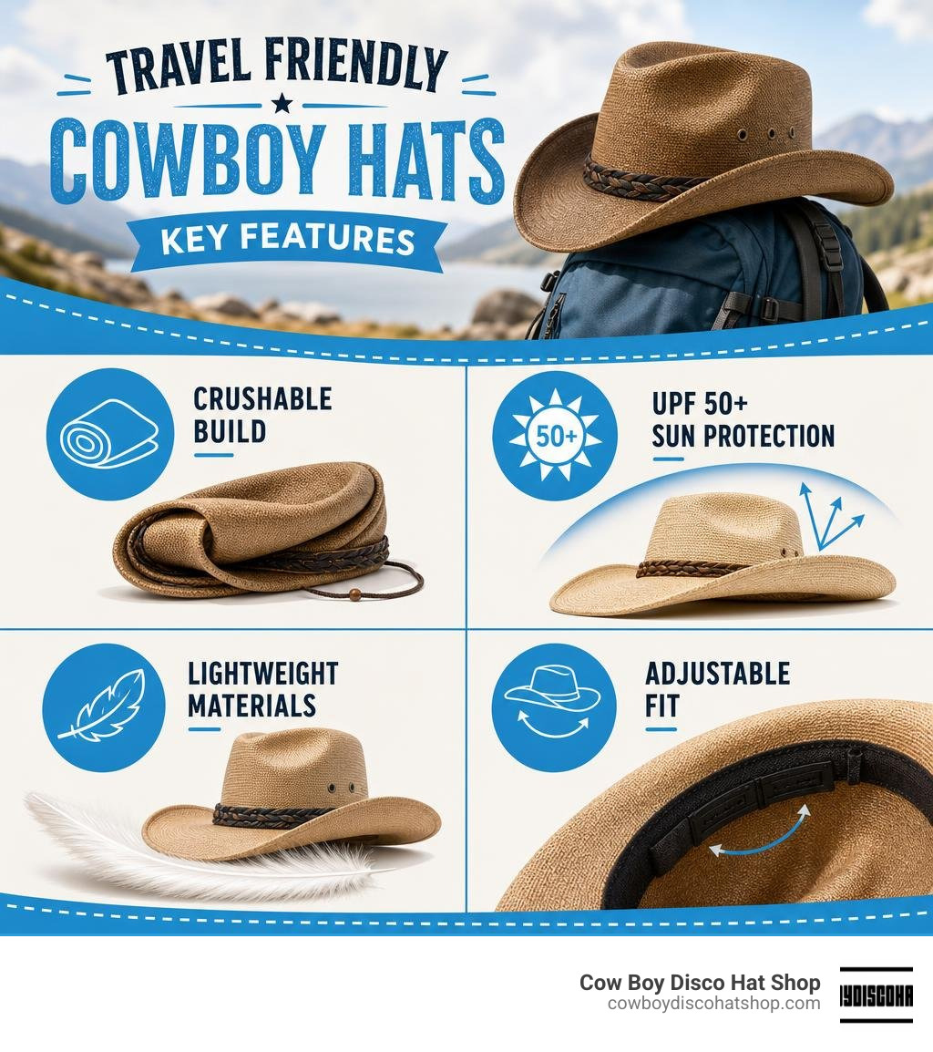 Infographic showing key features of travel friendly cowboy hats: crushable build, UPF 50+, lightweight materials, adjustable