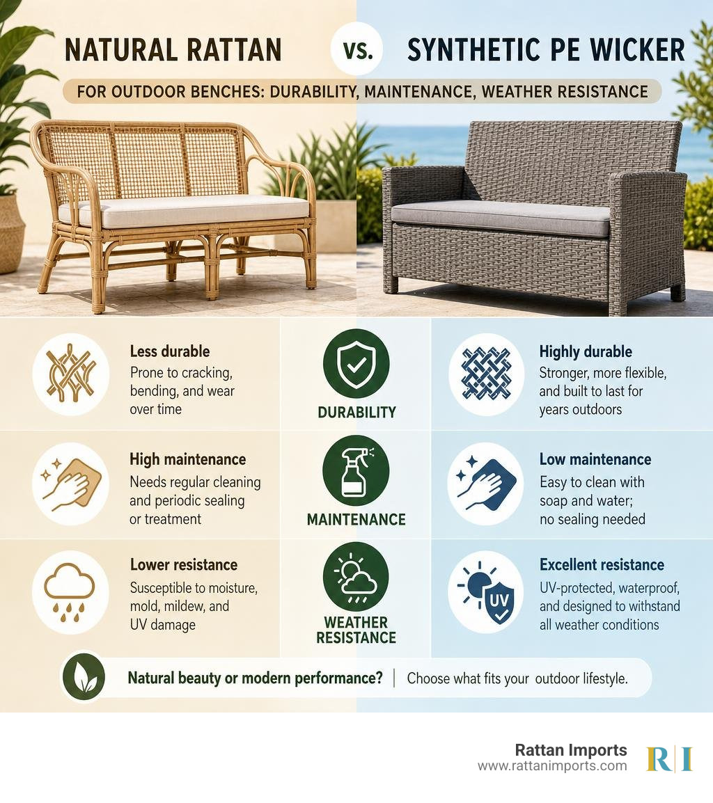 Infographic comparing natural rattan vs synthetic PE wicker for outdoor benches: durability, maintenance, weather resistance Infographic comparing natural rattan vs synthetic PE wicker for outdoor benches: durability, maintenance, weather resistance