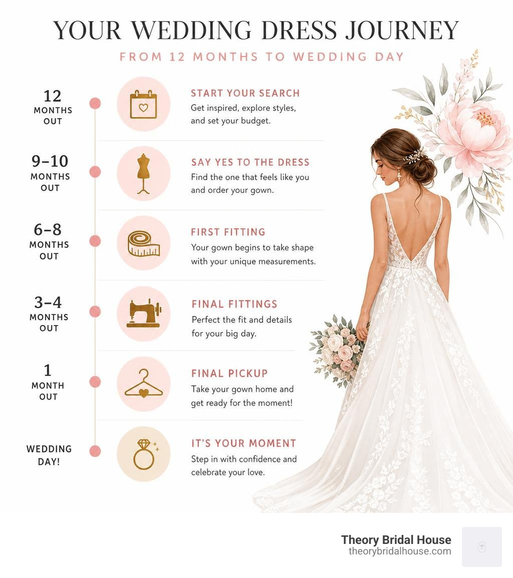Timeline infographic for wedding dress shopping from 12 months to wedding day with key milestones infographic
