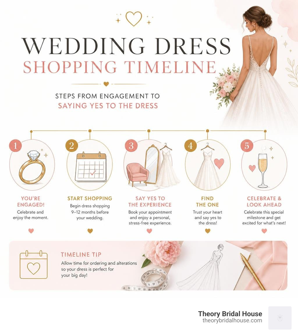 Wedding dress shopping timeline infographic: steps from engagement to saying yes to the dress infographic