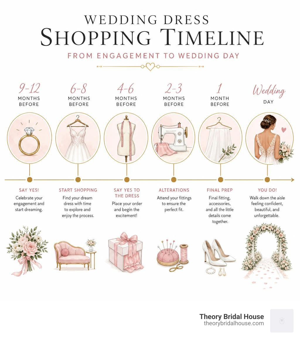 Wedding dress shopping timeline infographic showing key milestones from engagement to wedding day infographic