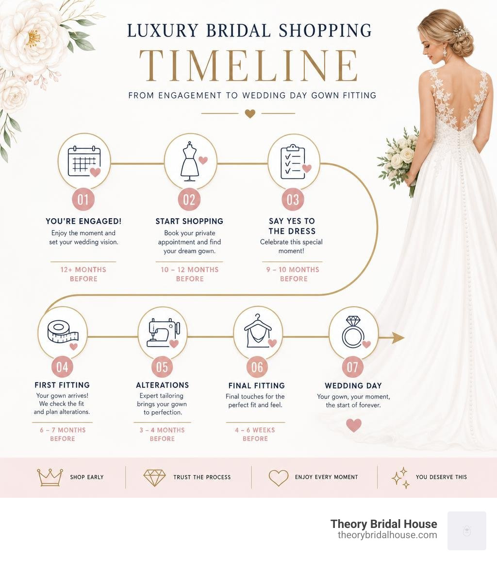 Luxury bridal shopping timeline infographic from engagement to wedding day gown fitting infographic