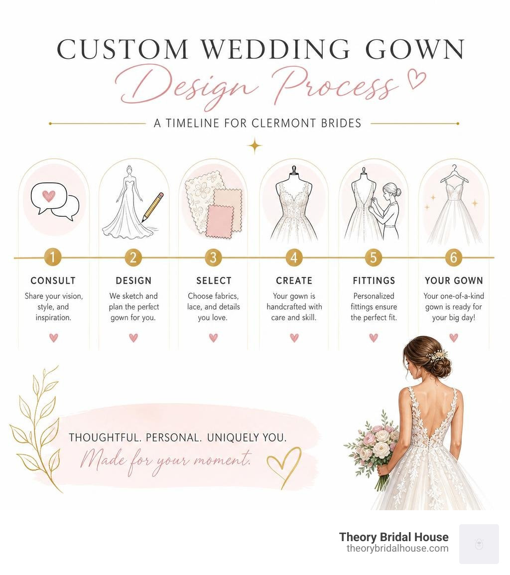 Custom wedding gown design process timeline infographic for Clermont brides infographic