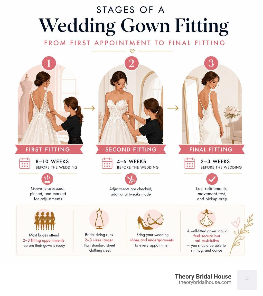 Stages of a wedding gown fitting process from first appointment to final fitting infographic