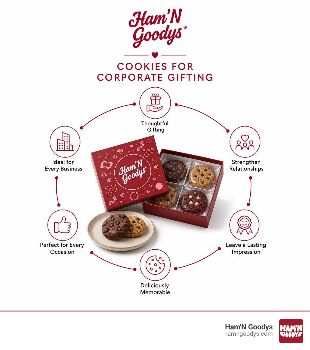 infographic showing benefits of corporate cookie gifting including engagement stats, customization options, and shelf life infographic showing benefits of corporate cookie gifting including engagement stats, customization options, and shelf life