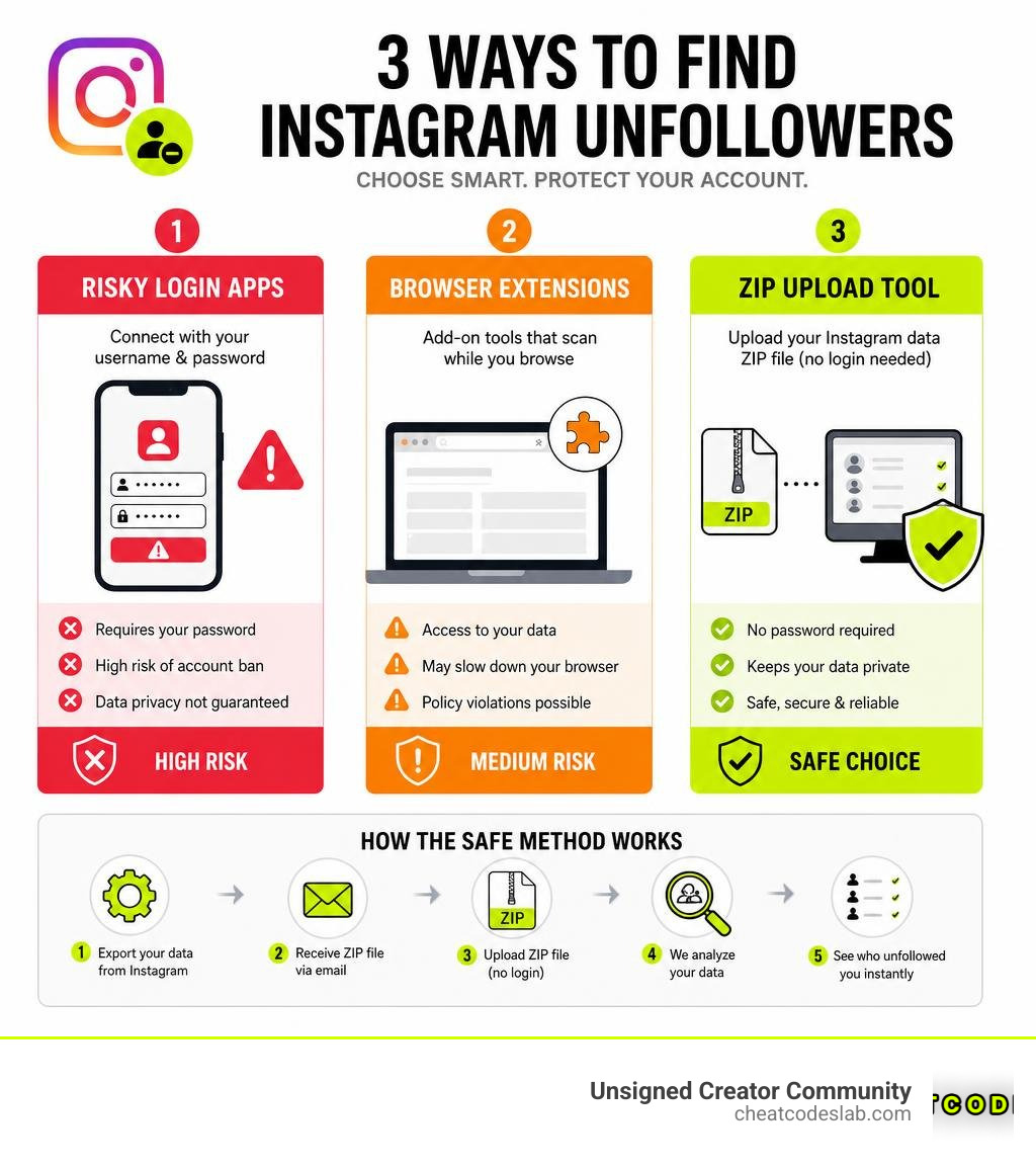 Infographic showing 3 methods to find Instagram unfollowers: risky login apps vs browser extensions vs safe ZIP upload tool