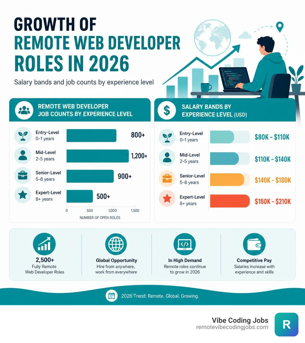 Growth of remote web developer roles in 2026 with salary bands and job counts by experience level infographic