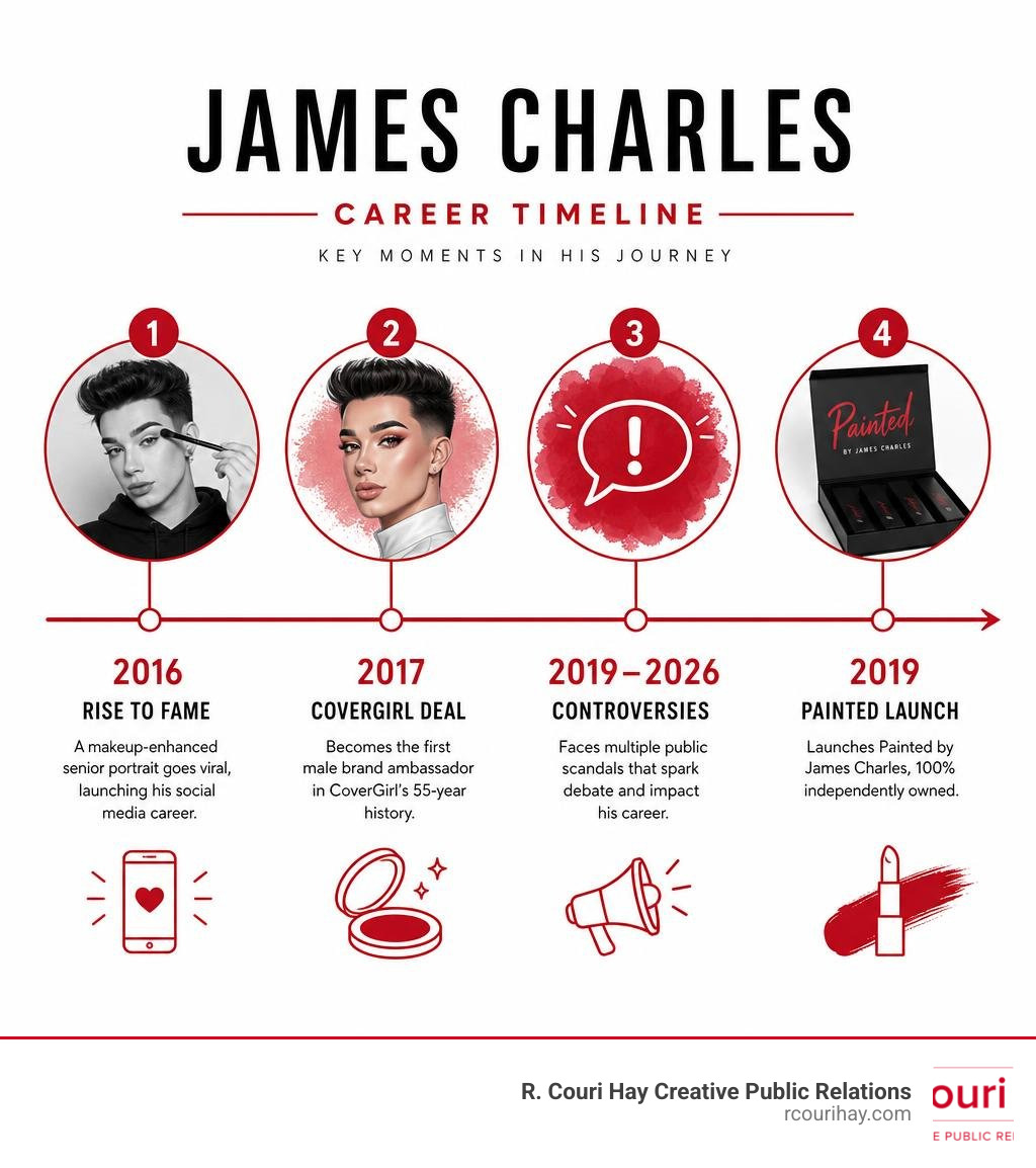 James Charles career timeline infographic: rise to fame, CoverGirl deal, controversies, Painted brand launch infographic