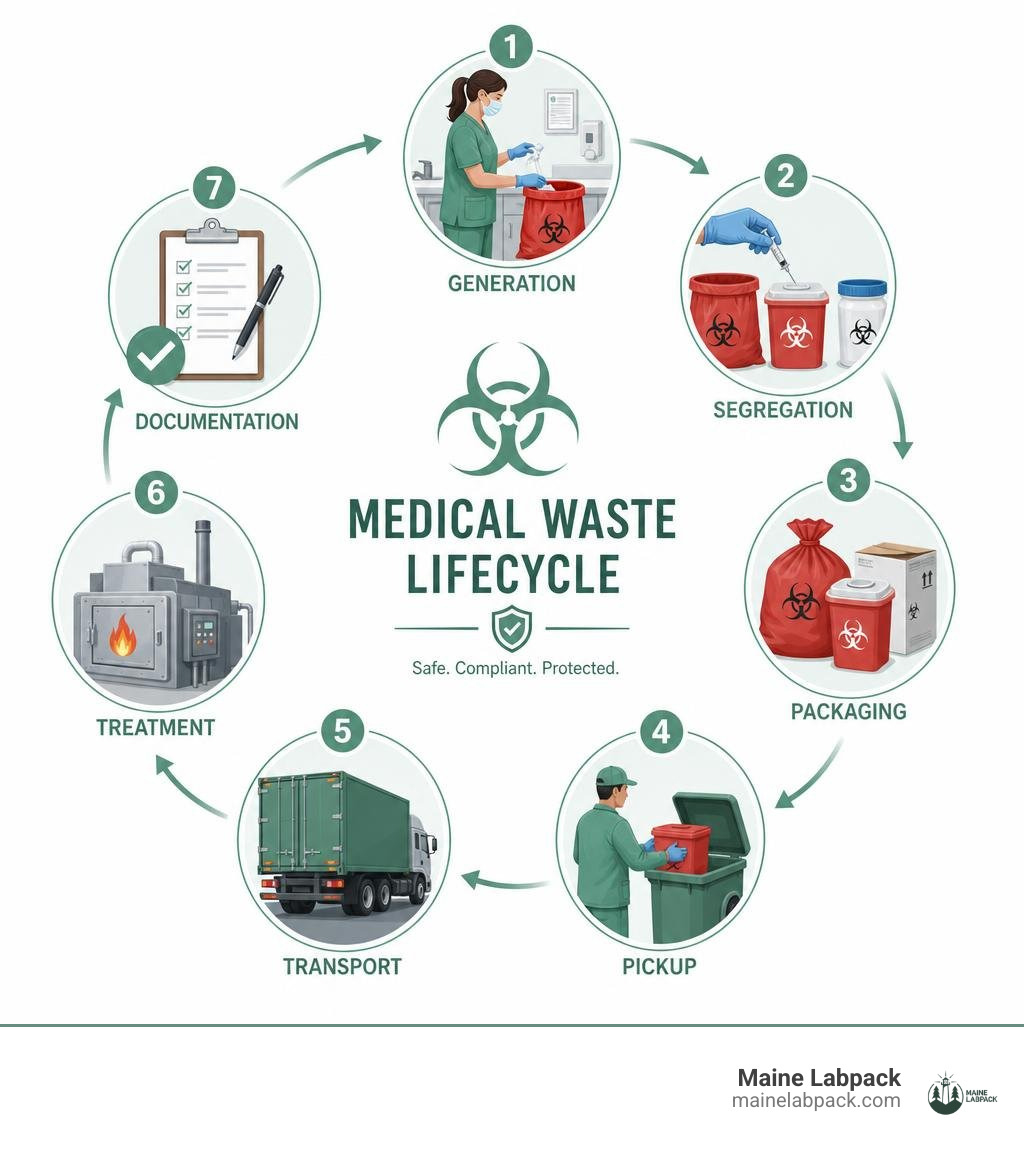 Medical waste lifecycle infographic: generation, segregation, packaging, pickup, transport, treatment, documentation Medical waste lifecycle infographic: generation, segregation, packaging, pickup, transport, treatment, documentation