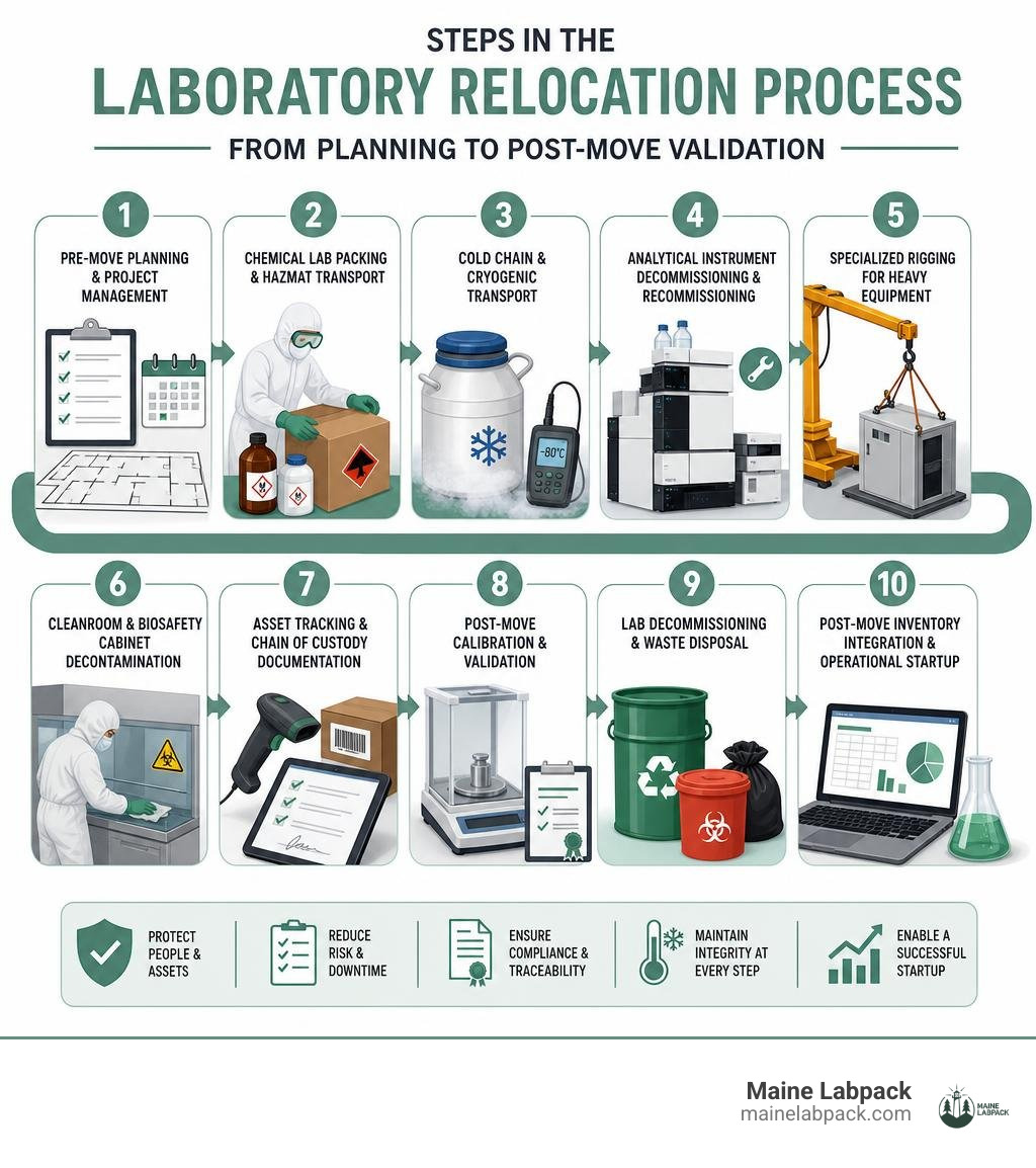 Steps in the laboratory relocation process from planning to post-move validation infographic Steps in the laboratory relocation process from planning to post-move validation infographic