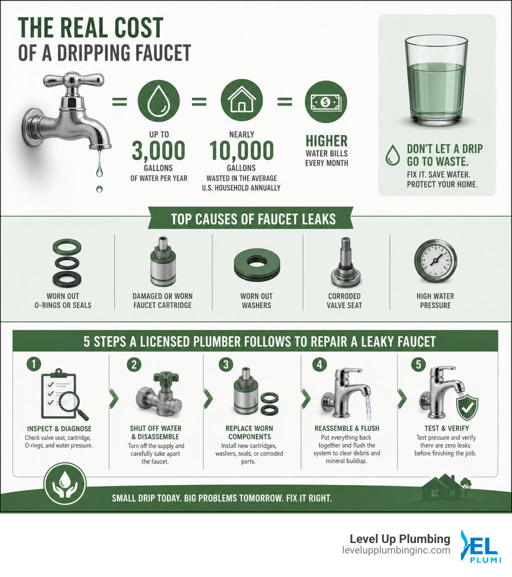 Infographic showing water wasted by dripping faucets, top causes of faucet leaks, and 5 steps a licensed plumber follows to Infographic showing water wasted by dripping faucets, top causes of faucet leaks, and 5 steps a licensed plumber follows to