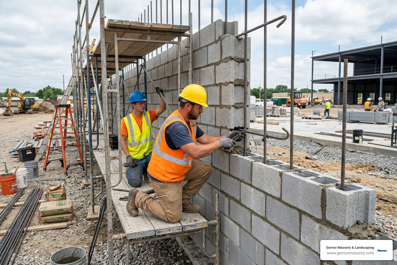 reinforced masonry wall under construction