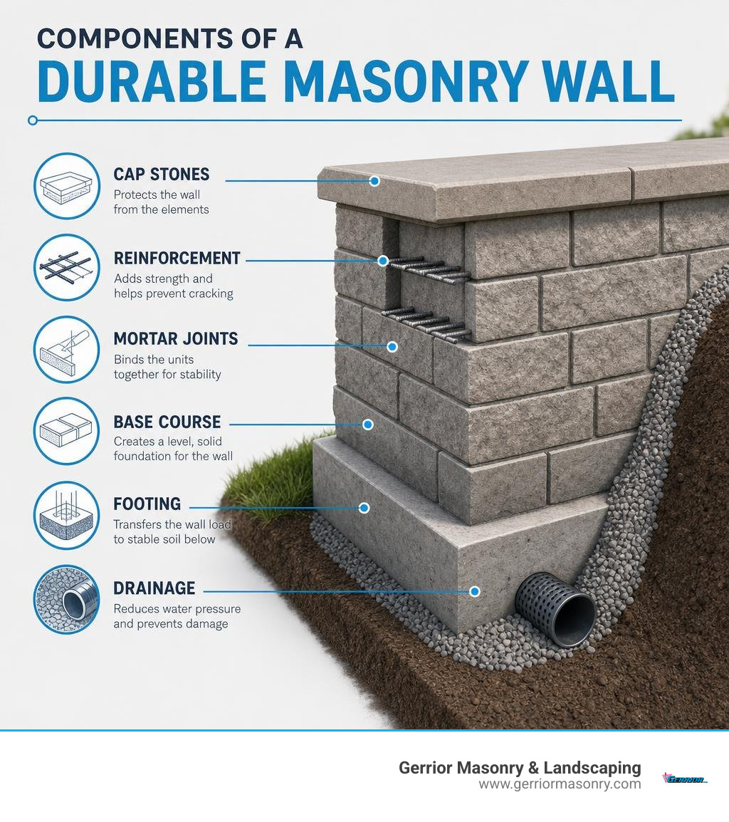 Components of a durable masonry wall: footing, base course, mortar joints, reinforcement, cap stones, drainage infographic