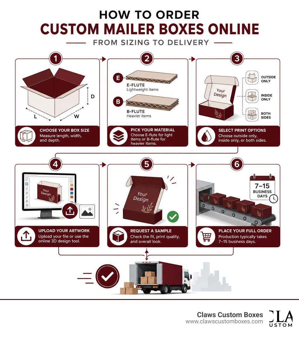 Step-by-step infographic of the custom mailer box ordering process from sizing to delivery infographic Step-by-step infographic of the custom mailer box ordering process from sizing to delivery infographic